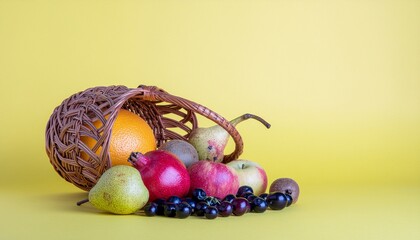 Wicker basket overflowing with fresh fruits including pears apples grapes and pomegranates on a bright yellow background