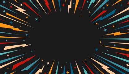 Comic Lightning Burst Frame Background with Dynamic Rays, Stars, Sparkles on Dark Center. Retro Pop Art Energy Border. Copy Space for Posters, Ads Banners, Creative Manga Design. Vector Illustration