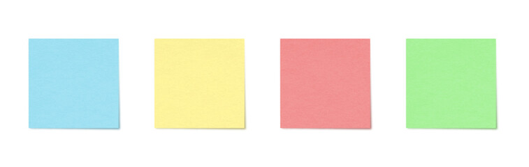 Blank Pastel Sticky Notes Set with Realistic Paper Texture in Blue, Yellow, Pink and Green. Minimal Square Memo Papers on White Bg for Office, Education, Planning, Design Mockup. Vector Illustration © Suesse