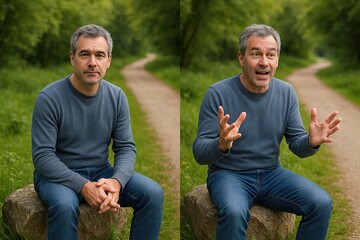A Before and After Portrait: From Quiet Contemplation to Animated Storytelling, Captured on a Forest Path Rock