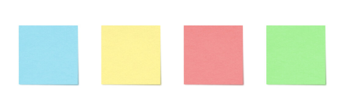 Blank Pastel Sticky Notes Set with Realistic Paper Texture in Blue, Yellow, Pink and Green. Minimal Square Memo Papers on White Bg for Office, Education, Planning, Design Mockup. Vector Illustration
