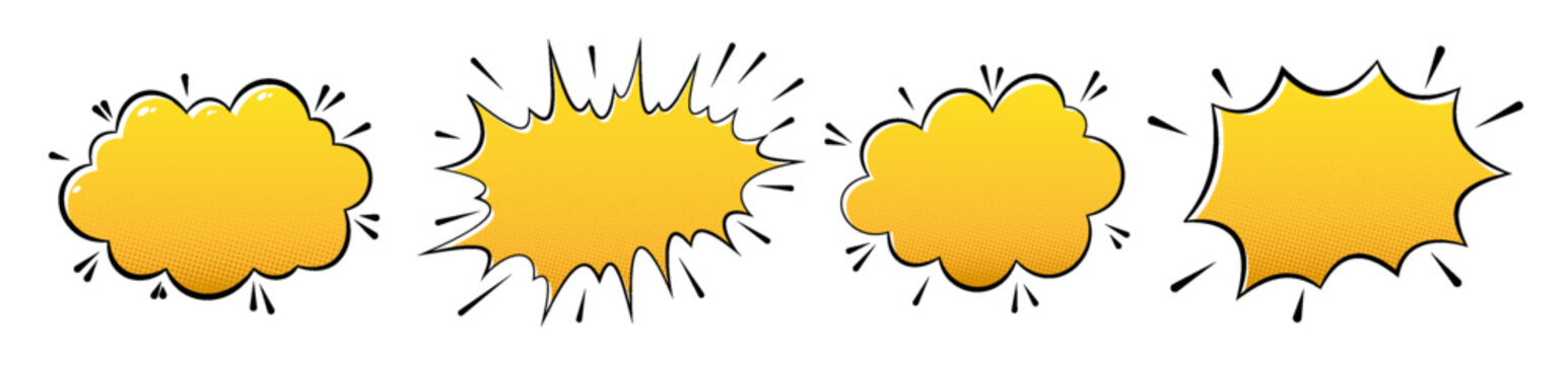 Yellow Comic Speech Bubbles with Halftone Texture, Explosion Bursts Lines. Pop Art Cartoon Expressive Dialog Clouds. Impact Shapes for Manga, Retro Ads Posters, Comics Text Boxes. Vector Illustration
