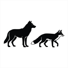 Wolf and Fox Silhouette Set: Majestic wolf and fox silhouettes standing in nature.