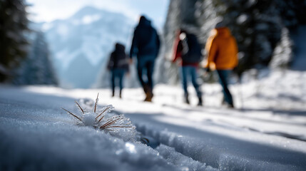 Faceless group of friends hiking in winter heavily defocused snowy trail background anonymous outdoor enthusiasts seasonal trekking activity cold weather adventure bonding