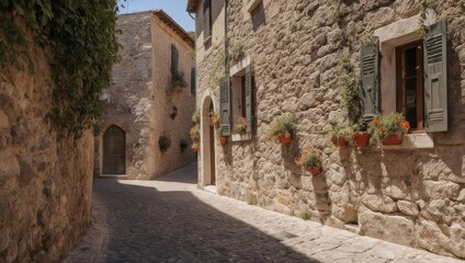 Fototapeta premium Charming Medieval Street in Spello, Italy with Stone Buildings.