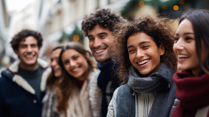 Fototapeta premium Faceless diverse group of young friends having fun together outdoors heavily defocused winter background anonymous millennial student people laughing walking in city street