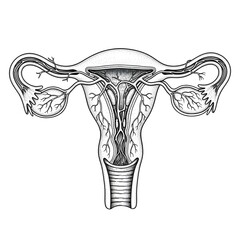 Black and white detailed hand drawn human uterus anatomy illustration, showing realistic blood vessels and internal structure, fine ink line art with gentle shadows, classic vintage medical illustrati