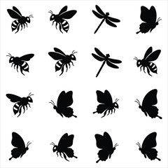 Flying insects icon set with butterfly, bee, and dragonfly silhouettes.