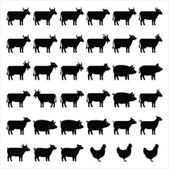 Farm animals silhouette icon set featuring cows, pigs, and goats.