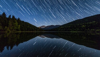 Night sky star trails over lake and mountain landscape reflection.