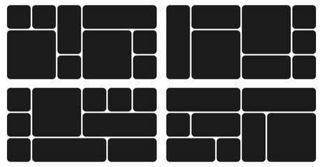Bento grid abstract layouts with geometric tiles and rounded corners. Modern modular UI design panels, trendy web interface templates, collage frames and infographics. Vector illustration.