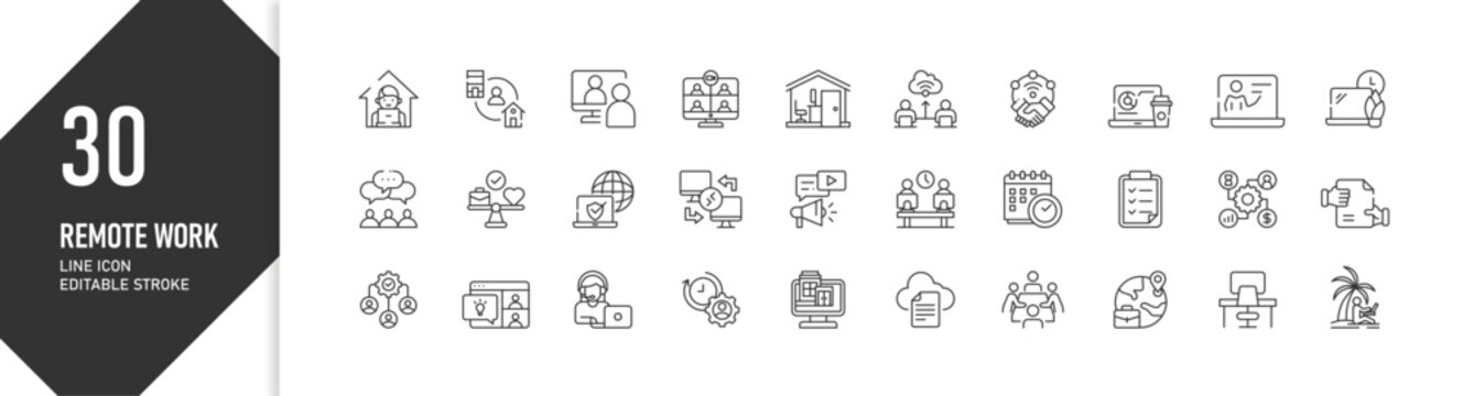 30 Remote Work Line Icons for Hybrid Office, Online Collaboration and Digital Workplace
