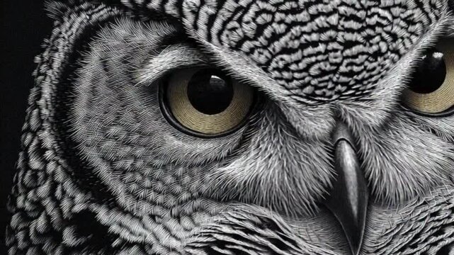 Close up view of an owls eye showing feathers and sharp beak detail