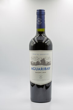 Aguaribay Malbec wine bottle from Argentina closeup on white.