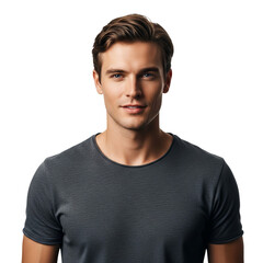 Obraz premium A handsome young man with short brown hair and blue eyes. He is wearing a grey, sleeveless top. The expression on his face seems neutral