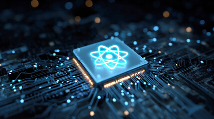 Advanced Quantum Computing Microchip with Glowing Neon Atom Symbol on Integrated Circuit Board Representing Future Supercomputer Technology Artificial Intelligence Nanotechnology and Digital Power