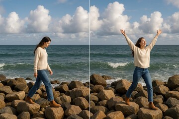 A Professional Photographic Diptych Showing a Woman's Transformation from Pensive to Joyful on a Rugged Coastal Landscape