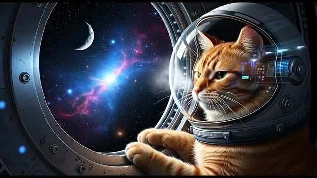 A curious cat in a space helmet gazes out of a spaceship window at a vibrant cosmic scene