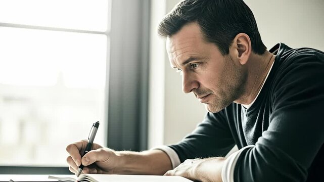 A thoughtful man writing notes by the window, capturing inspiration and creativity in a serene indoor environment.