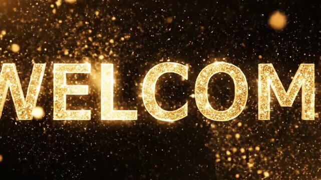 Golden sparkling welcome text with falling glitter particles animation