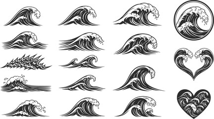 Naklejka premium Collection of wave and heart tattoos