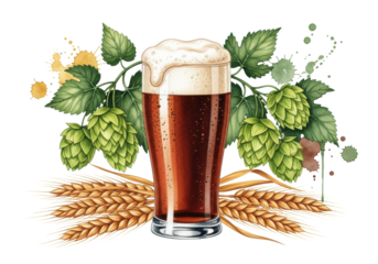 detailed watercolor illustration of dark stout beer in a pint glass, vibrant hops, and golden wheat sheaves on a transparent background. concept for artisanal beverage advertising