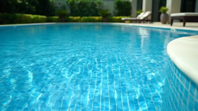 Sunny outdoor swimming pool with glistening blue water, tiles, and blurred green garden