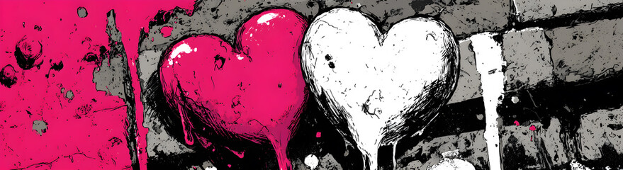 A banner featuring pink and red hearts in the center, in a graffiti style.