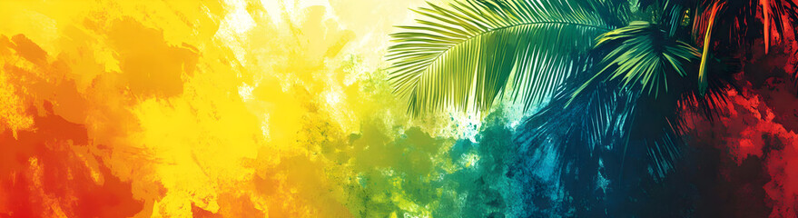 A grunge background banner featuring reggae-style colors along with coconut leaves.