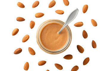 Obraz premium Jar of almond butter with spoon and scattered almonds isolated on transparent background