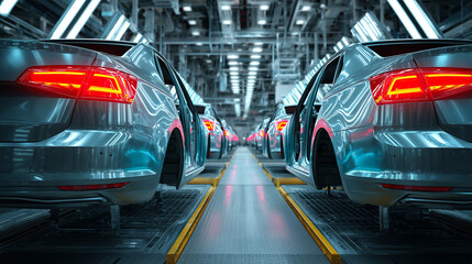 Modern electric cars on automated assembly line in factory