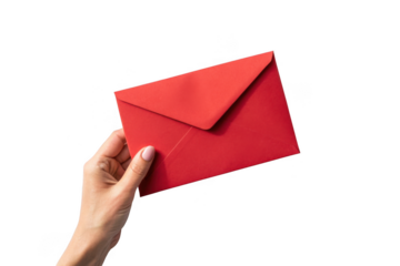 Hand holding a red envelope isolated on transparent background