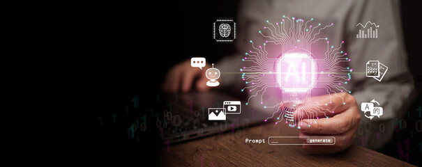 Artificial intelligence chip glowing in lightbulb in human hand with icons of the uses of AI. Chatbot, solution, data analytics, automation, Ai interaction, machine learning, and digital technology.