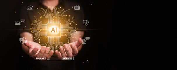 Glowing artificial intelligence chip on human hands with icons of the uses of AI technology. Automation, machine learning, smart assistance, prompt engineering, chatbot, and generative Ai services.
