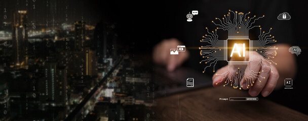 A man touches artificial intelligence chip with cpu circuit on smart city background with icons of uses of AI. Generative Ai, intelligent processor, data processing, automation, digital transformation