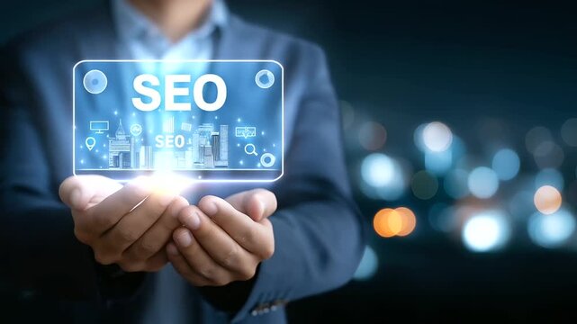 Faceless businessman holding glowing hologram of local SEO icons and text, search engine optimization for local businesses visualization, defocused background, with copy space