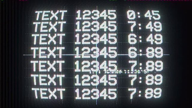 4K CRT text data screen animation, analog interface with numeric rows and timecode values, glitch signal distortion and scanlines, corrupted broadcast style display overlay visual effect layer