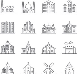Fototapeta premium Collection of Minimalist Line Art Buildings Icons - Architecture Vector Graphics for Design Projects