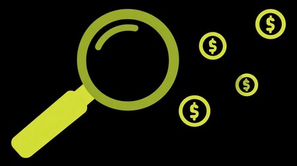 Magnifying glass is shown with a pile of coins underneath it. The coins are all different sizes and colors