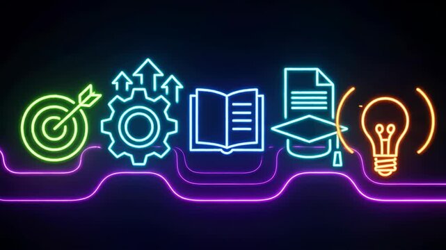 Neon pathway illustrates steps toward achieving educational goals and business objectives against dark background.