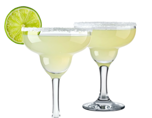 Two frosty margarita glasses rimmed with salt and garnished