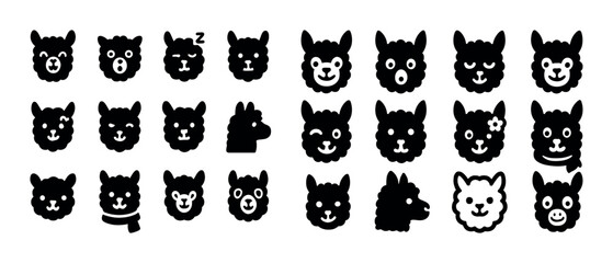 Fototapeta premium Cute alpaca emoji set featuring various expressions in black sil