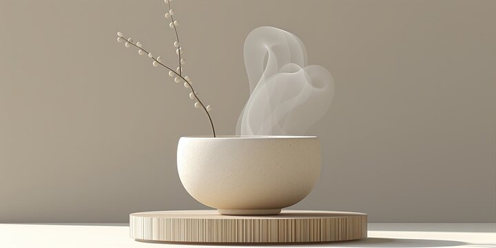 Steaming Bowl on Wooden Plate with Branch