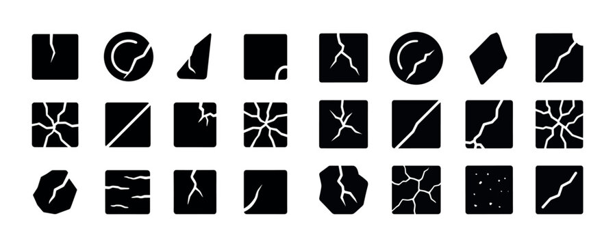Crack patterns set: diverse fracture textures in minimalist blac