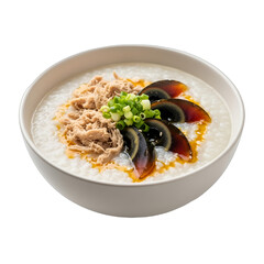 Comforting Chicken and Century Egg Congee, a traditional Asian rice porridge topped with shredded chicken, century eggs, and scallions, perfect for restaurant menus, food blogs,
