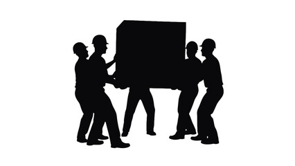 Four workers in hard hats moving large box in teamwork
