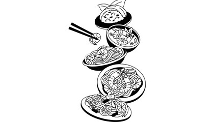 Delicious Asian dishes with chopsticks and various bowls