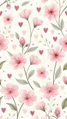 Vibrant floral pattern with pink flowers and hearts on cream background