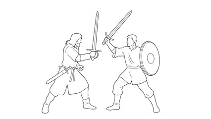 Two medieval warriors engaged in a fierce sword battle