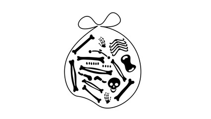 Spooky bones and skull in a creepy gift bag illustration